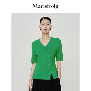【轻密针织】玛丝菲尔2024春季新款绿色V领三粒双排扣针织上衣女