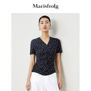 【商场同款】玛丝菲尔夏季新款设计感气质V领针织印花T恤女