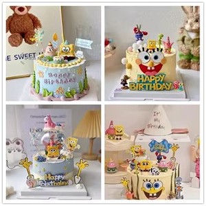 海绵宝宝派在星卡通蛋糕装饰品塑料打伞龙猫公仔儿童男孩生日摆件