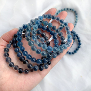 天然蓝糖心玛瑙圆珠手链 女款水晶手串 雾霾蓝黑色蓝沁冰透水润