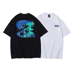 vans万斯新款纯棉短袖椰树印花圆领t恤男休闲打底衫潮牌情侣半袖