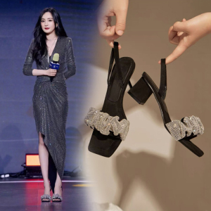 bf杨幂同款凉鞋女夏季2021新款水钻一字带高跟鞋粗跟仙女风凉拖鞋