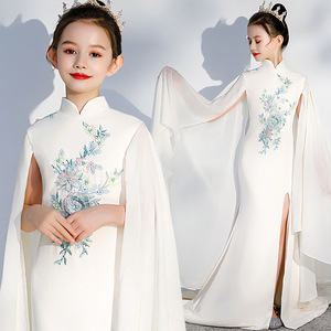 儿童古筝演出服装白色古装民族风晚礼服国潮鱼尾裙模特走秀主持人