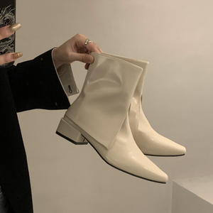 法式小众白色尖头裤管靴低跟短靴女靴子2023年新款时尚短筒及踝靴