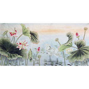 国画成品花鸟画四尺横幅工笔荷花鹭鸶纯手绘真迹画芯未裱无款2227