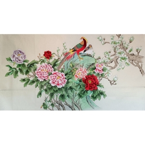国画成品工笔锦鸡牡丹前程似锦纯手绘真迹六尺横幅画芯未裱无款