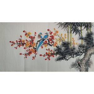 国画花鸟画三尺横幅岁寒三友纯手绘小写意画无款成品画芯未装m138