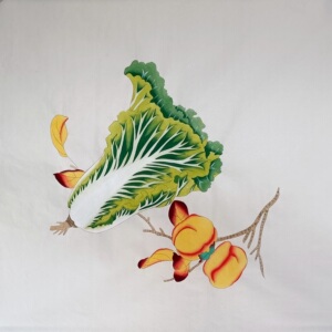 国画成品工笔画白菜柿子花鸟画画芯未裱无款四尺斗方花鸟画百财图