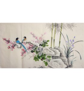 国画花鸟画三尺横幅纯手绘小写意画梅兰竹菊无款成品画芯未装裱