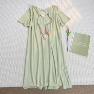 森系田园风绿色系绳花朵设计感夏季短袖纯棉中长款睡裙女甜美睡衣
