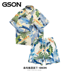 森马集团旗下GSON夏威夷风衬衫套装男夏季休闲短袖短裤海滩花衬衣