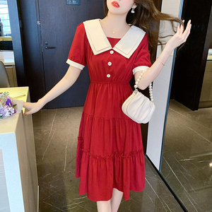 娃娃领红色雪纺连衣裙子女夏季2024年新款小个子气质法式茶歇短袖