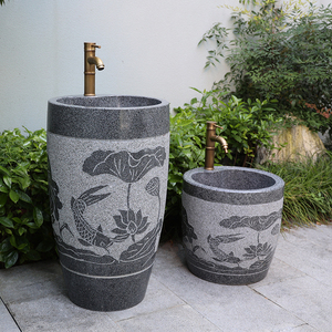 庭院大理石材洗手台盆一体雕花户外水池落地式脸盆石头立柱盆中式