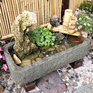 竹子石槽阳台摆件造景鱼池室内石磨流水马槽水景观民宿花园装饰品