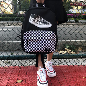 正品vans黑白格子双肩包棋盘背包格子包经典款男女学生书包情侣包