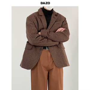 DAZO 港味格子西装男士厚实宽松复古西服外套ins潮流韩版帅气夹克
