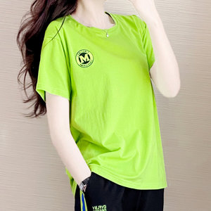 2022夏天新款绿色短袖t恤女土宽松显瘦休闲圆领时尚潮流百搭韩版