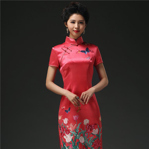 華芬嫁衣《郁金香》原创旗袍定制 西瓜红色 手工刺绣 婚礼敬酒服