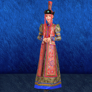 蒙古族婚礼女士礼服民族舞蹈演出服蒙古袍小翻领长袖民族风蒙古盛