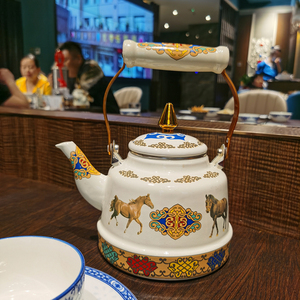 蒙古奶茶壶内蒙古特色草原风情搪瓷烧水壶热水壶蒙古餐厅茶壶锅茶