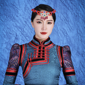 新款头饰蒙古族民族舞蹈服饰蒙古袍红色儿 童珠珠帽饰婚礼演出