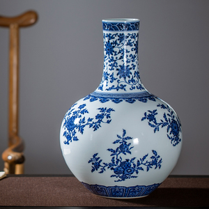 晓景堂柴窑景德镇陶瓷青花花瓶插花客厅高端摆件天球瓶电视柜玄关