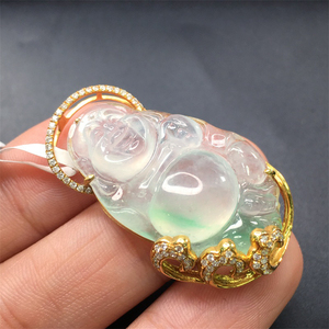 采石翁冰种飘花布袋佛 佛公k金镶嵌饰品天然玉石翡翠吊坠