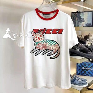 gucci古驰 21ss新款cat小猫图案字母logo印花拼色宽松短袖男女t恤