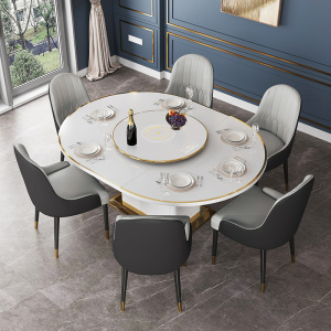 现代简约轻奢餐桌椅组合智能转盘旋转可变圆桌多功能带电磁炉饭桌