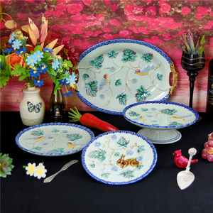 出口美国tracy porter品牌陶瓷盘子 手绘釉下彩兔子小鸟果盘 托盘