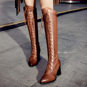 及膝长靴女2020冬新款真皮高跟鞋尖头绑带高筒靴侧拉链显瘦骑士靴