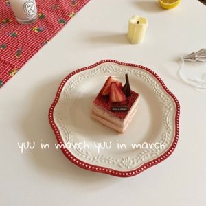 法式vintage红色花边浮雕西餐盘甜品盘 复古宫廷平盘咖啡厅盘子