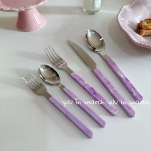 韩式紫色塑料手柄不锈钢刀叉勺创意牛排刀叉勺子套装西餐餐具北欧