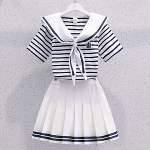 女童学院风套装夏季韩版儿童学生中大童海军领条纹短袖上衣百褶裙