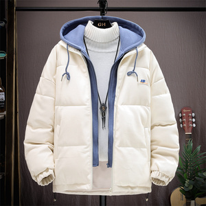 冬季青少年pu棉衣男加厚13初中学生假两件棉服15大童连帽棉袄上衣