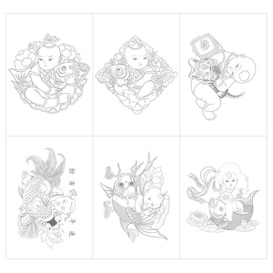 涂色年画娃娃 白描底稿 年画线稿 年画涂色 连年有余线稿 diy涂色