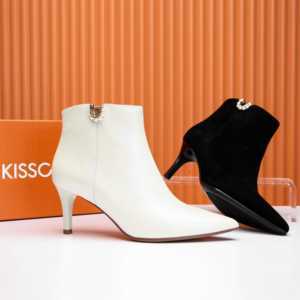 KISSCAT 接吻猫女鞋2023秋新款羊反绒尖头细高跟短靴女KA43715-14