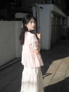 韩版甜美娃娃领桔粉色短袖衬衫女夏季褶皱上衣蕾丝花边半身裙套装