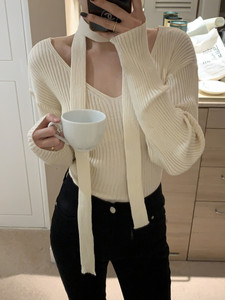 韩国正品代购 早春设计感小众v领针织开衫领带毛衣女修身显瘦短款