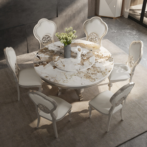 美式大理石圆形餐桌带转盘现代简约轻奢实木饭桌椅子组合高端家具