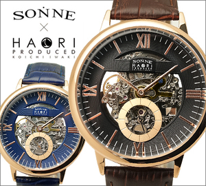 日本代购sonne男款商务时尚镂空小秒针真皮自动机械手表