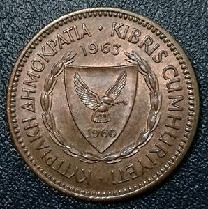 塞浦路斯1963年5米尔铜币,26mm,外国硬币