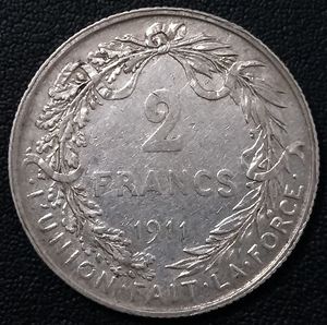 比利时1911年2法郎银币(法文版 belges,外国硬币