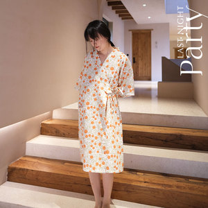lnparty 日系夏季新款印花格纹小花绑带睡衣舒适连衣裙睡裙家居服