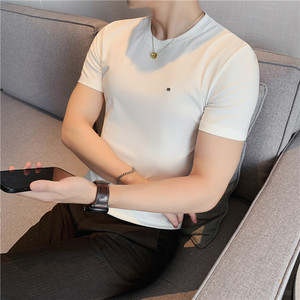 夏季男士冰丝圆领修身短袖T恤西装内搭刺绣纯色休闲半袖打底衫潮