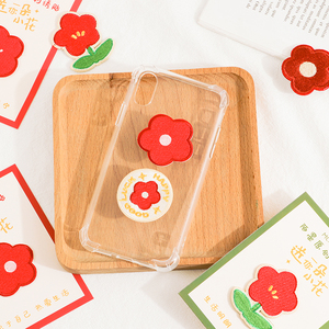 小红花刺绣贴手机壳麻布袋装饰贴手账本diy自粘贴纸书包帽子布贴