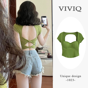 薄荷曼波风后背镂空正肩短袖T恤女装夏季性感带胸垫体恤绿色上衣