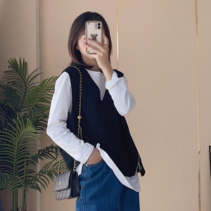 v领马甲时尚套装早春2022年新款简约纯色长袖纯棉白t恤宽松两件套