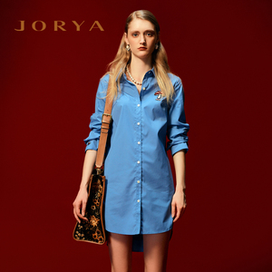 JORYA商场同款22秋新款钉珠蘑菇条纹中长款衬衫式连衣裙O147902B