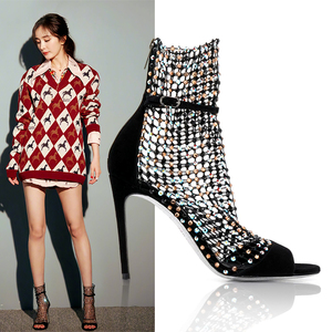 2021夏杨幂同款新款凉鞋女细跟水钻网状镂空性感高跟鱼嘴短靴凉靴